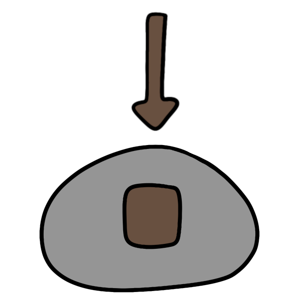 an arrow pointing to a brown square within a gray blob